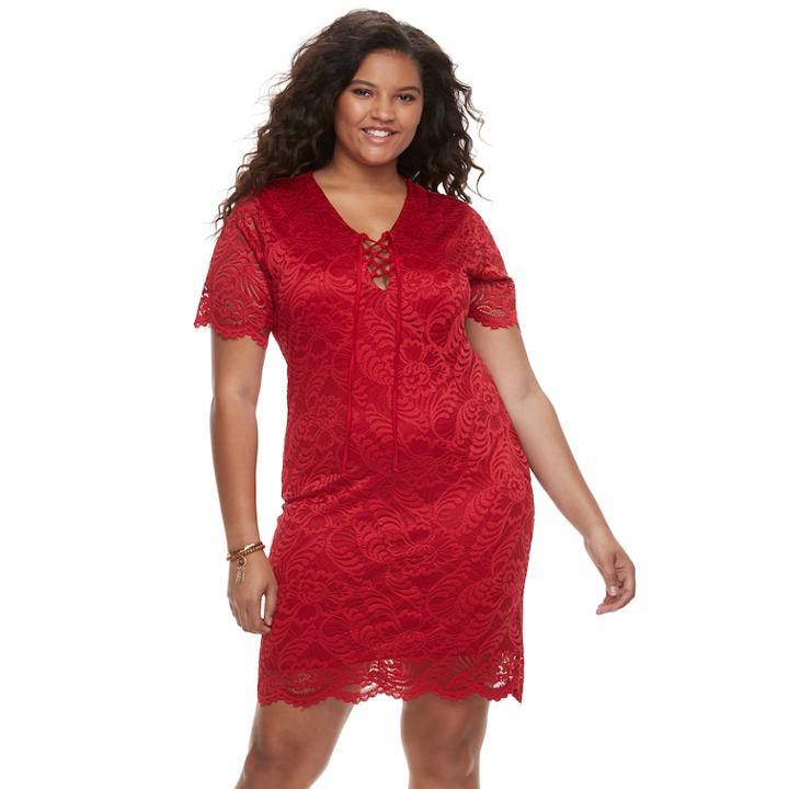 Juniors' Plus Size Liberty Love Short Sleeve Lace Bodycon Dress, Teens, Size: 1xl, Dark Red