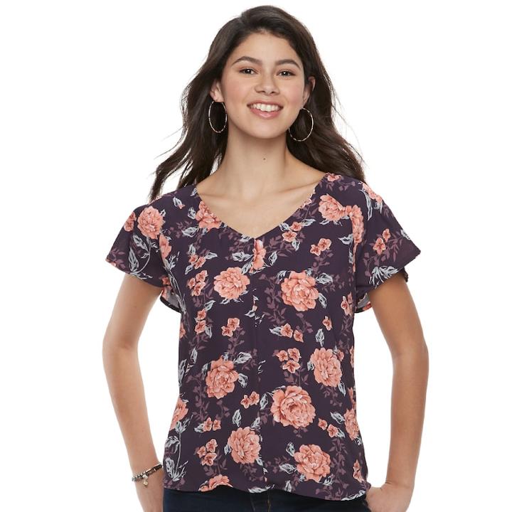 Juniors' Grayson Threads Floral Flutter Sleeve Top, Teens, Size: Medium, Drk Purple