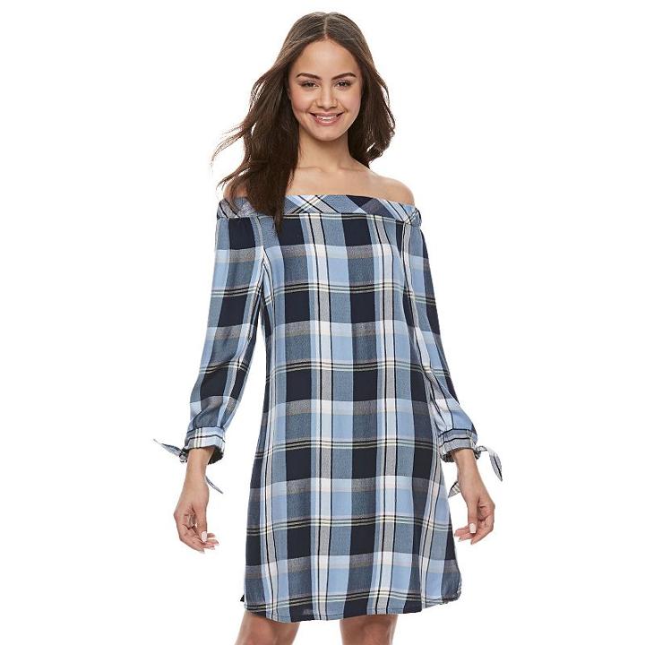 Juniors' So&reg; Plaid Off The Shoulder Dress, Girl's, Size: Xl, Light Blue