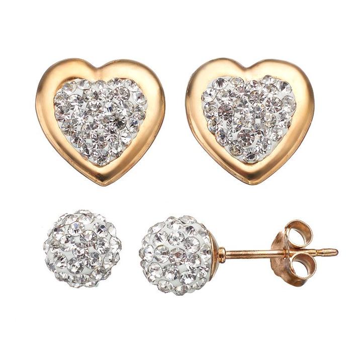 Crystal 14k Gold Over Silver Heart & Ball Stud Earring Set, Women's, White