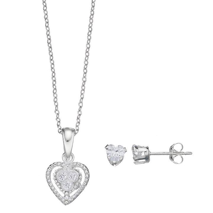 Charming Girl Kids' Cubic Zirconia Heart Pendant & Stud Earring Set, White
