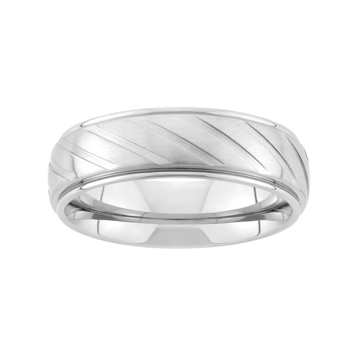 Stainless Steel Diagonal Stripe Wedding Band - Men, Size: 11, Grey
