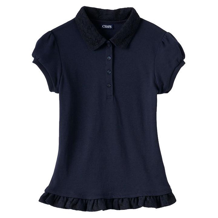Girls 4-16 Chaps School Uniform Lace Ruffle Polo, Girl's, Size: 8-10, Blue (navy)