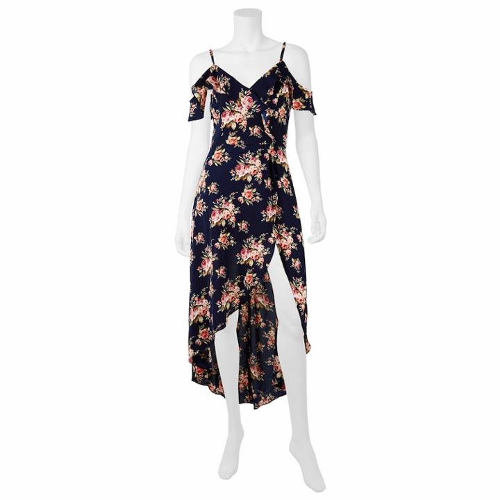 Juniors' Iz Byer Floral Cold-shoulder Maxi Romper, Teens, Size: 1, Navy Floral
