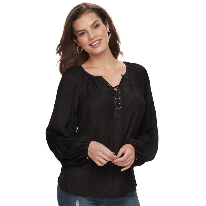 Women's Jennifer Lopez Lace-up Satin Peasant Top, Size: Xl, Black