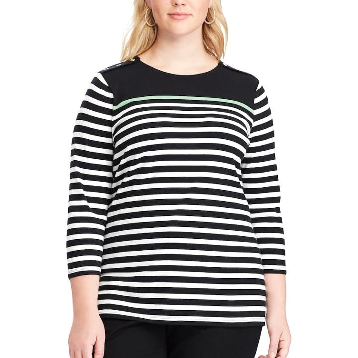 Plus Size Chaps Striped Jersey Crewneck Tee, Women's, Size: 2xl, Green