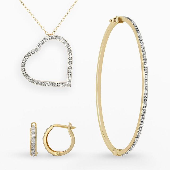 Diamond Fascination 14k Gold Diamond Accent Heart Pendant, Bangle Bracelet And Hoop Earring Set, Women's, Yellow