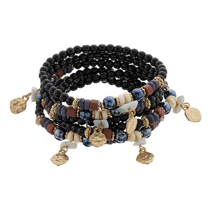 Black Bead & Hammered Disc Stretch Bracelet Set, Women's