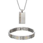 Stainless Steel Dog Tag Necklace & Rectangle Link Bracelet Set - Men, Grey