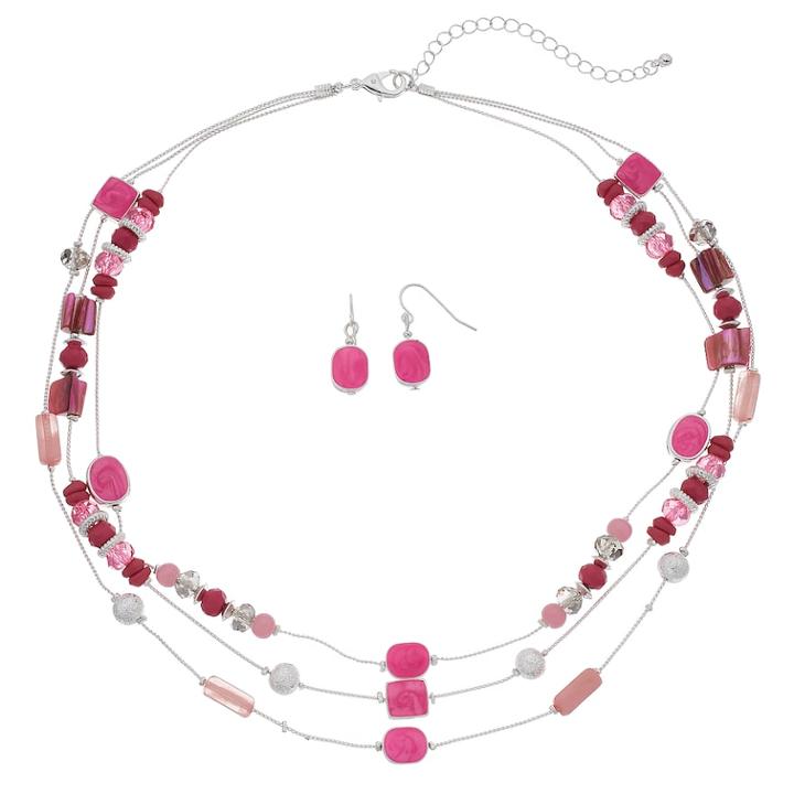 Pink Multi Strand Beaded Necklace & Drop Earrings Set, Women's