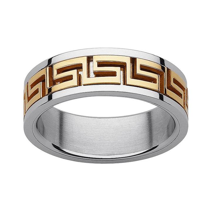 Yellow Ion-plated Stainless Steel And Stainless Steel Greek Key Spinner Band - Men, Size: 7