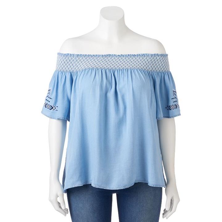 Juniors' Plus Size Heartsoul Chambray Off The Shoulder Top, Girl's, Size: 1xl, Light Blue
