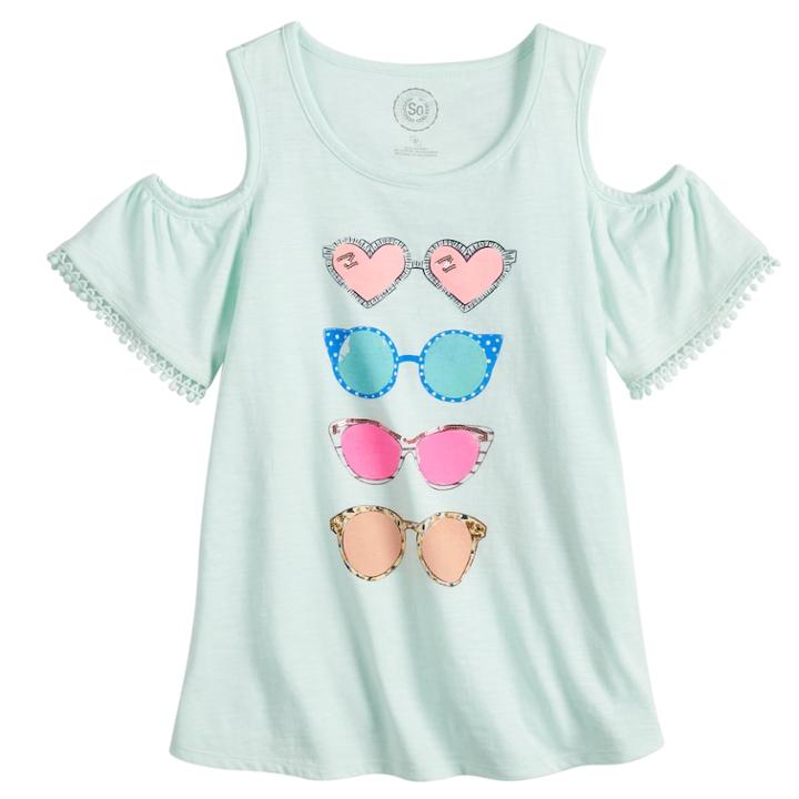 Girls 7-16 & Plus Size So&reg; Cold Shoulder Pom-pom Trim Graphic Tee, Size: 16 1/2, Light Blue