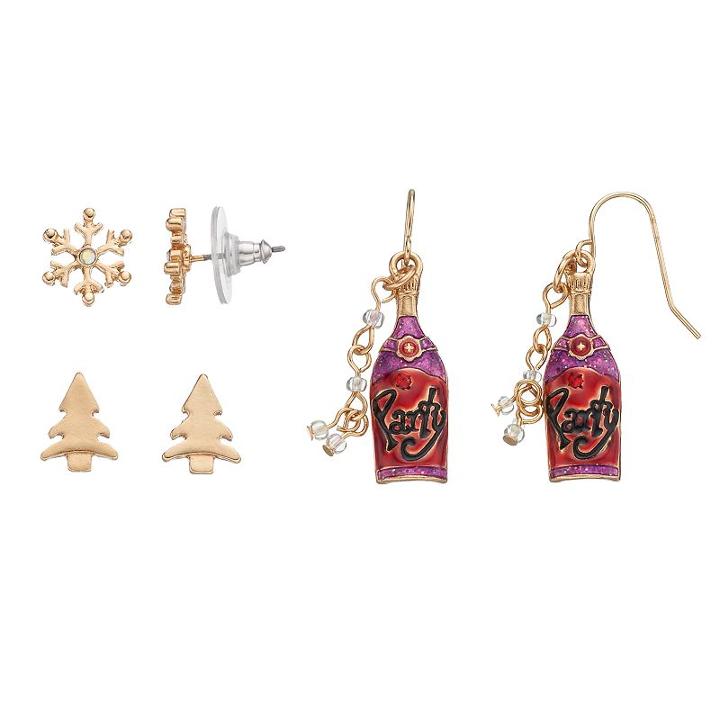 Snowflake, Party Champagne Bottle & Christmas Tree Earring Set, Women's, Black