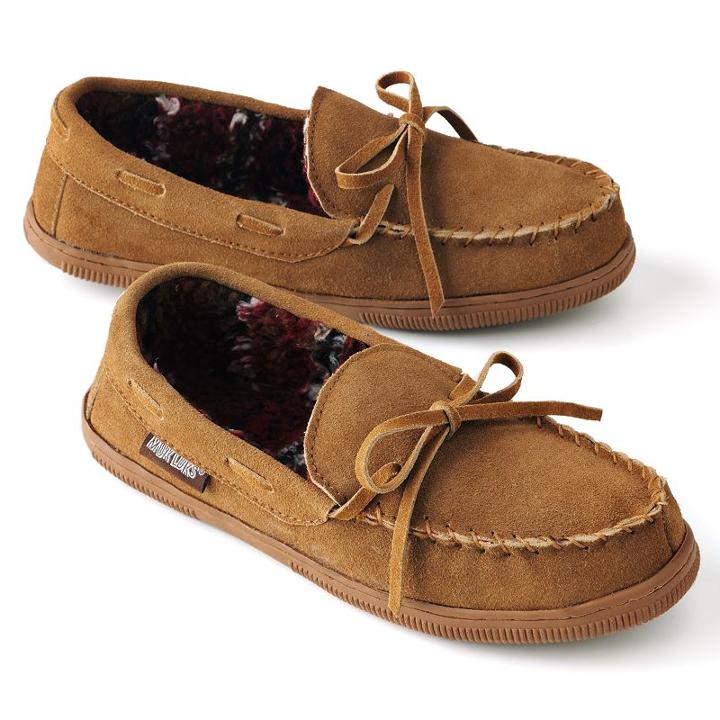Muk Luks Men's Leather Berber Fleece Moccasin Slippers, Size: 11, Beig/green (beig/khaki)