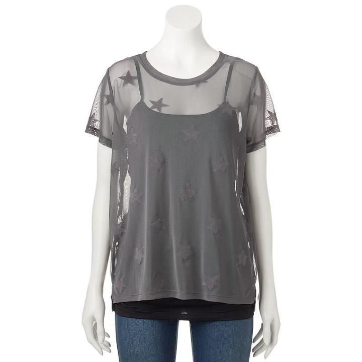 Madden Nyc Juniors' Velvet Star Mesh Top, Teens, Size: Medium, Grey (charcoal)