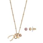 Wishbone Charm Necklace & Stud Earring Set, Women's, Pink