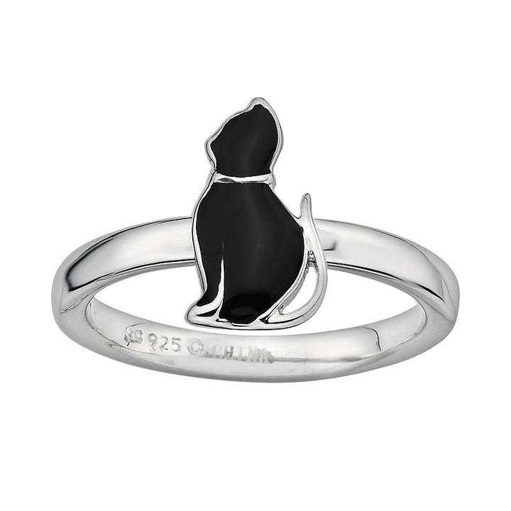 Stacks And Stones Sterling Silver Black Enamel Cat Stack Ring, Women's, Size: 8