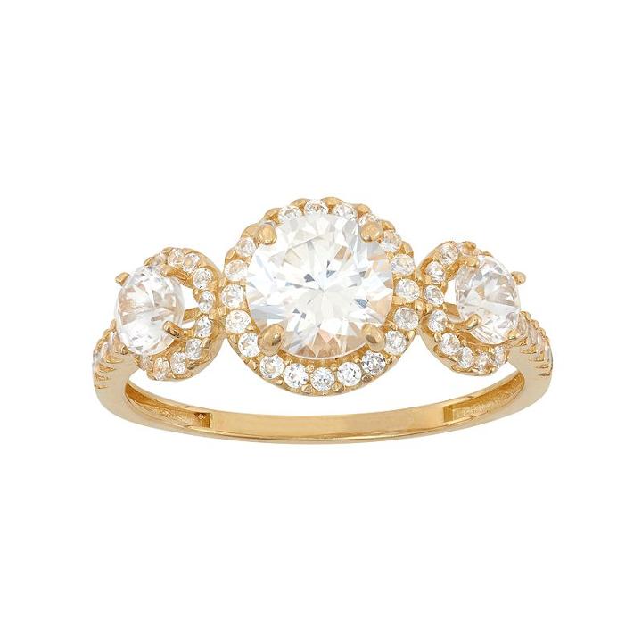 Cubic Zirconia 3-stone Halo Engagement Ring In 10k Gold, Women's, Size: 10, White
