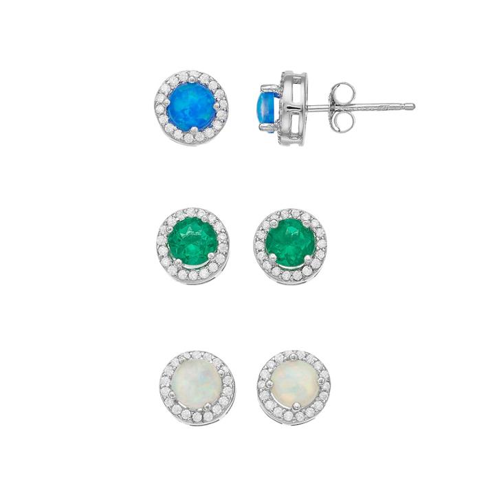 3-pair Sterling Silver Lab-created Gemstone Stud Earring Set, Women's, Multicolor