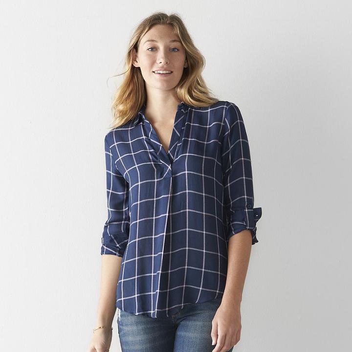 Women's Sonoma Goods For Life&trade; Plaid Top, Size: Medium, Dark Blue