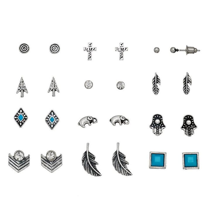 Mudd&reg; Antiqued Cross, Elephant & Hamsa Nickel Free Stud Earring Set, Women's, Turq/aqua
