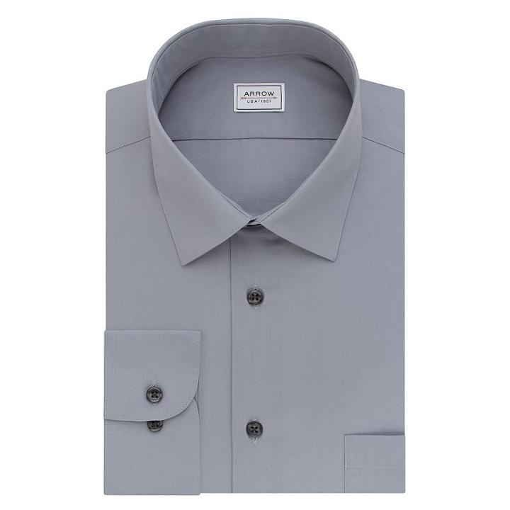 Men's Arrow Athletic-fit Solid Wrinkle-free Spread-collar Dress Shirt, Size: M-32/33, Grey