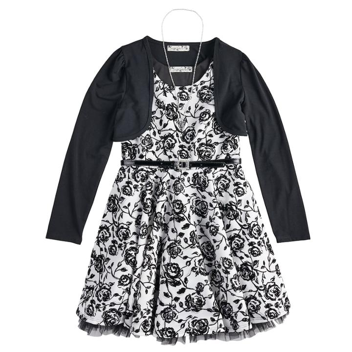 Plus Size Girls 7-16 Belted Skater Dress & Shrug, Size: 12 1/2, Black