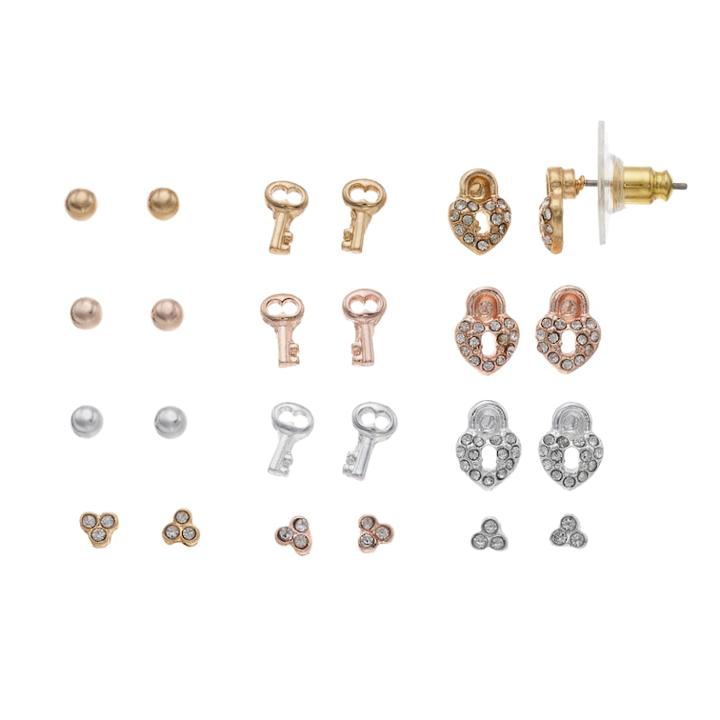 Lc Lauren Conrad Skeleton Key & Heart Lock Nickel Free Stud Earring Set, Women's, Multicolor