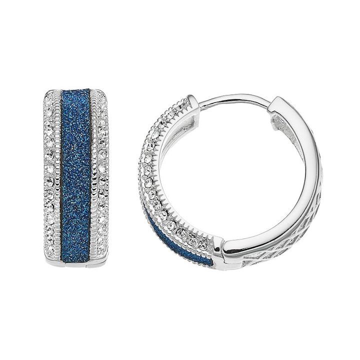 Brilliance Silver-plated Glitter Striped Hoop Earrings With Swarovski Crystals, Women's, Blue