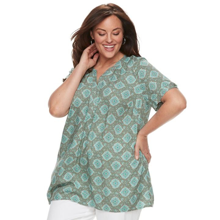 Plus Size Croft & Barrow&reg; Print Popover Top, Women's, Size: 3xl, Med Green