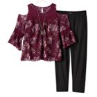 Girls 7-16 & Plus Size Knitworks Cold Shoulder Crochet Chiffon Top & Leggings Set With Necklace, Size: Xl, Dark Red
