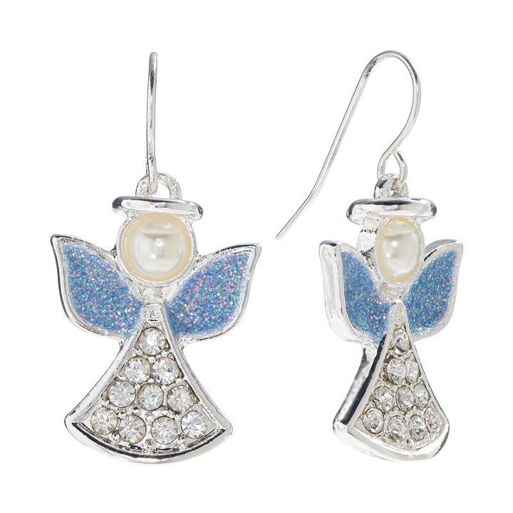 Silver Tone Simulated Crystal And Simulated Pearl Angel Drop Earrings, Women's, Multicolor
