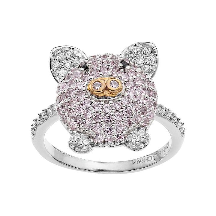 Sophie Miller Two Tone Sterling Silver Cubic Zirconia Pig Ring, Women's, Size: 6, Pink