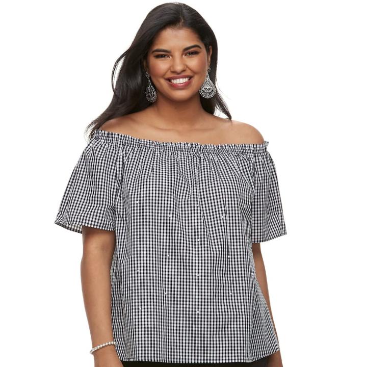 Juniors' Plus Size Liberty Love Off-the-shoulder Gingham Top, Teens, Size: 1xl, White