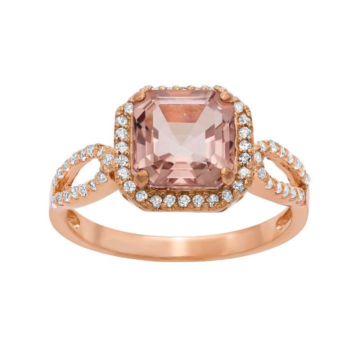 14k Rose Gold Over Silver Morganite Triplet And Lab-created White Sapphire Halo Ring, Women's, Size: 9, Light Pink