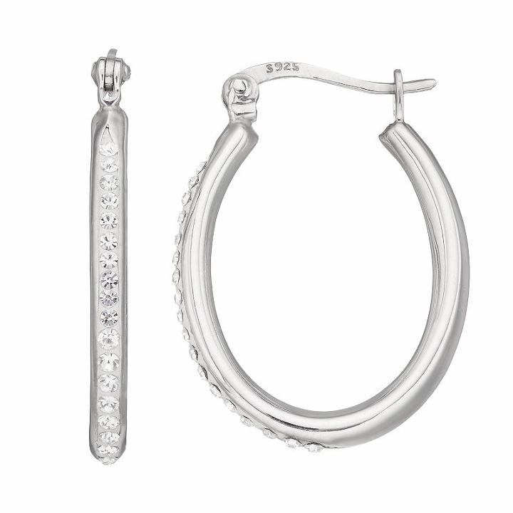 Silver Luxuries Silver Plated Crystal Oval Hoop Earrings, Women's, White