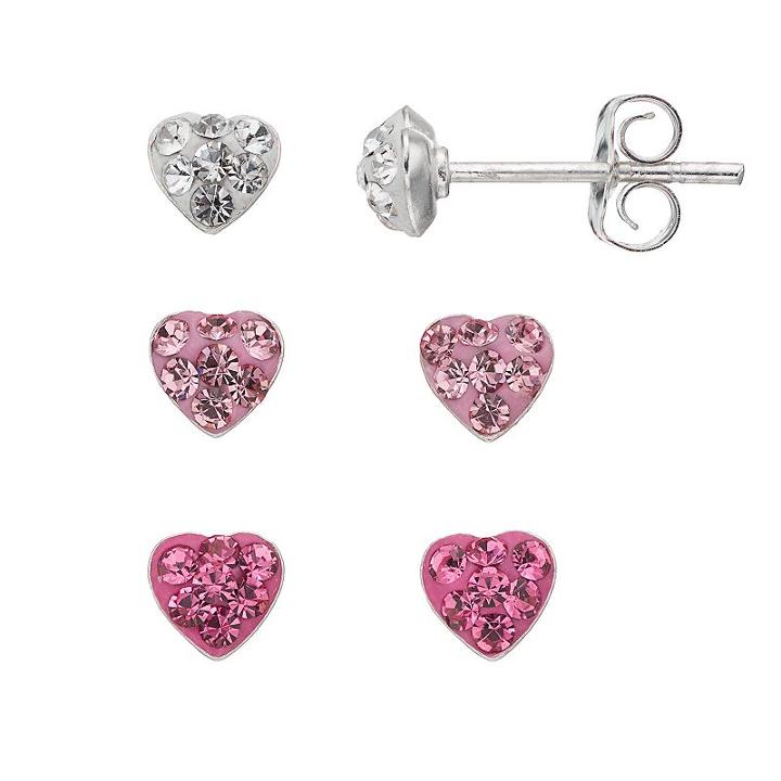 Charming Girl Kids' Sterling Silver Crystal Heart Stud Earring Set, Pink