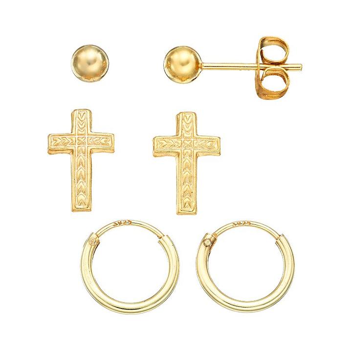Charming Girl 14k Gold Vermeil Ball & Cross Stud, & Endless Hoop Earring Set - Kids, Yellow