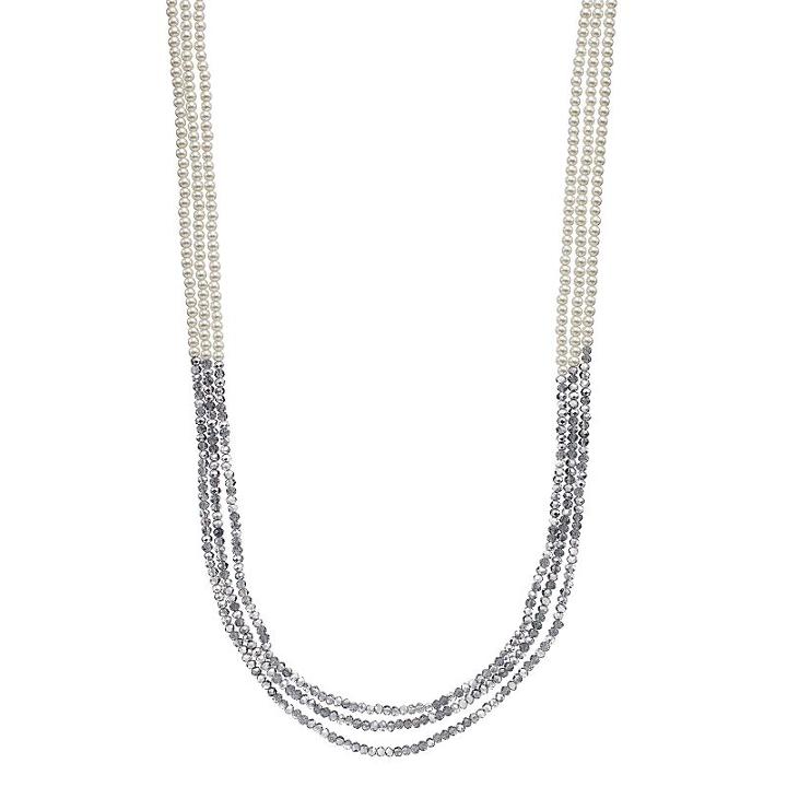 Long Gray Bead & Simulated Pearl Multi Strand Necklace, Women's, White