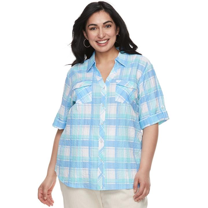 Plus Size Cathy Daniels Plaid Button Front Top, Women's, Size: 2xl, Brt Blue