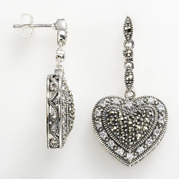 Lavish By Tjm Sterling Silver Cubic Zirconia Tiered Heart Linear Drop Earrings - Made With Swarovski Marcasite, Women's, Grey
