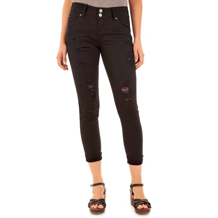 Juniors' Wallflower Curvy Ripped Ankle Pants, Teens, Size: 1, Black