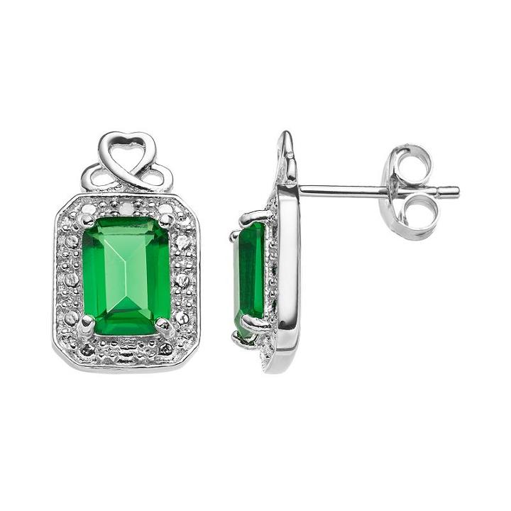 Radiant Gem Sterling Silver Simulated Emerald Halo Stud Earrings, Women's, Green