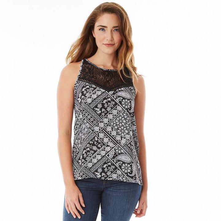 Juniors' Iz Byer California Print Lace Yoke Tank, Girl's, Size: Medium, Ovrfl Oth