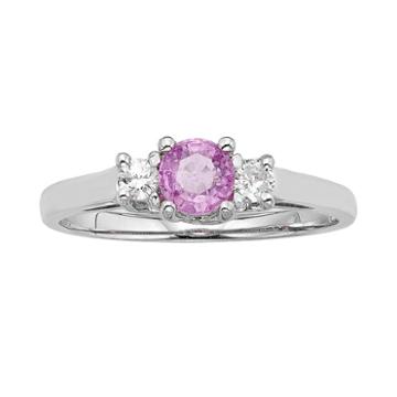 The Regal Collection Pink Sapphire And 1/8 Carat T.w. Igl Certified Diamond 14k Gold 3-stone Ring, Women's