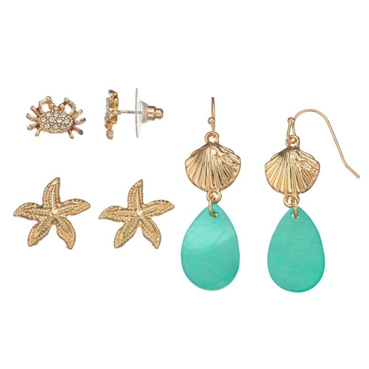 Crab, Starfish & Shell Nickel Free Earring Set, Women's, Turq/aqua