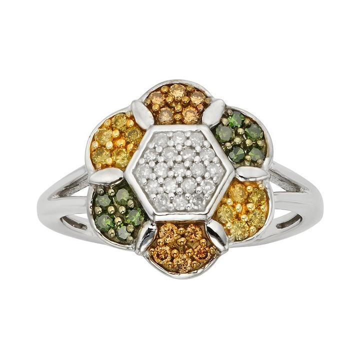 Sterling Silver 1/2-ct. T.w. Green, Yellow, Champagne And White Diamond Flower Ring, Women's, Size: 6, Multicolor