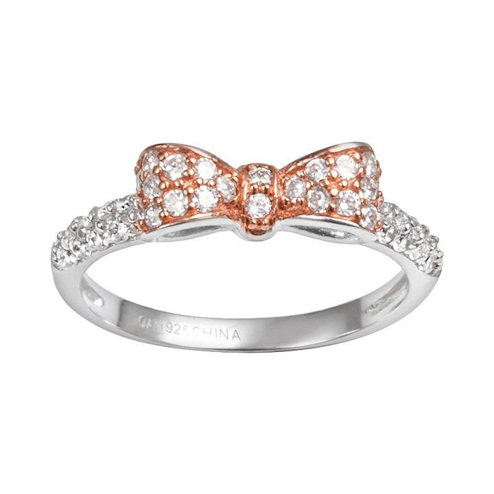 Sophie Miller 14k Rose Gold Over Silver And Sterling Silver Cubic Zirconia Bow Ring, Women's, Size: 7, White