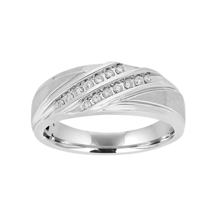 Men's 10k White Gold 1/5 Carat T.w. Diamond Diagonal Striped Ring, Size: 11